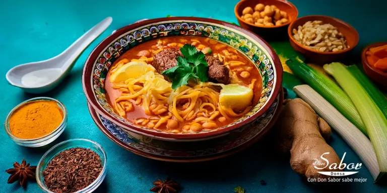 Fotografía de una sopa Harira rodeada de sus especias e ingredientes.